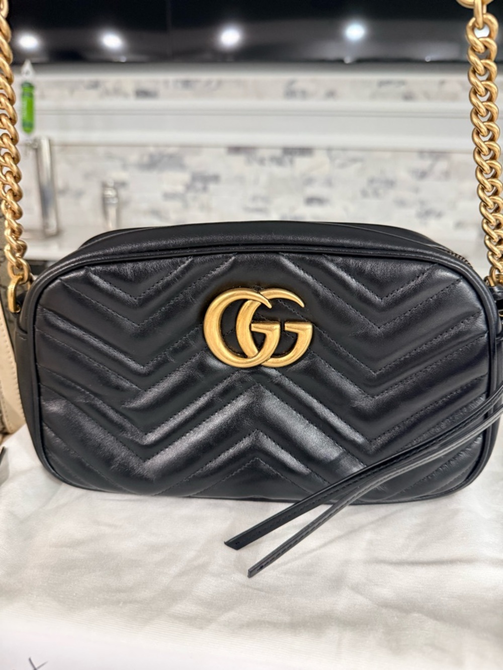 Gucci Black Chevron Matelassé GG Marmont Chain Crossbody